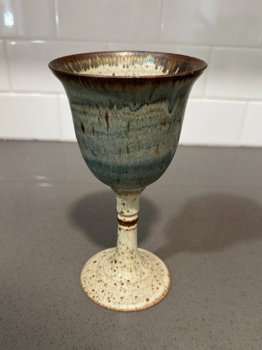 Handmade Pottery Goblet Chalice Speckled Blue Brown Cream Glazed Ceramic Cup